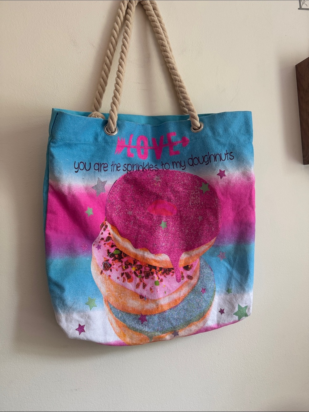 Canvas Doughnut Print Tote Bag in Blue-Pink